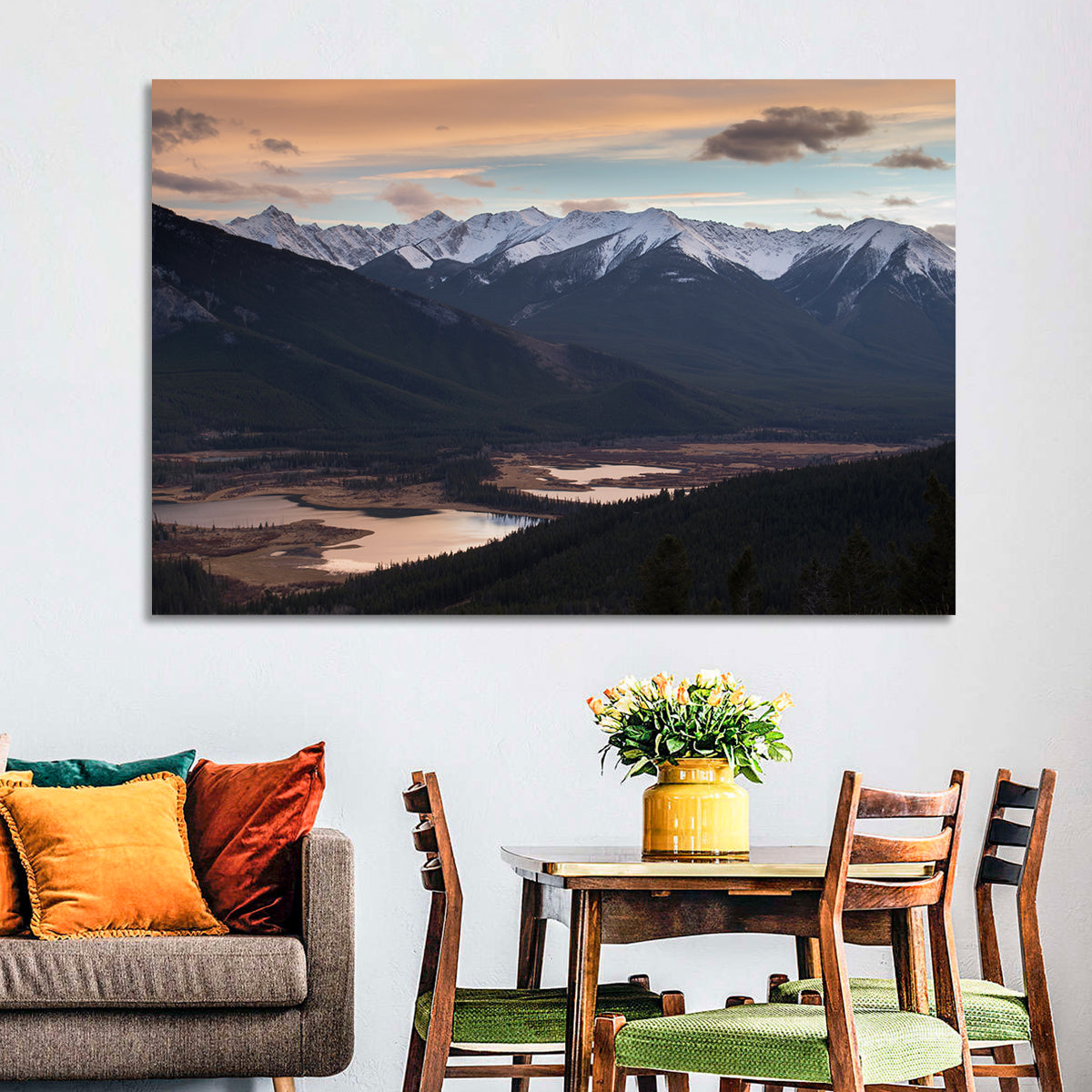 Banff Mountain Lake at Dusk Wall Art in a room, landscape