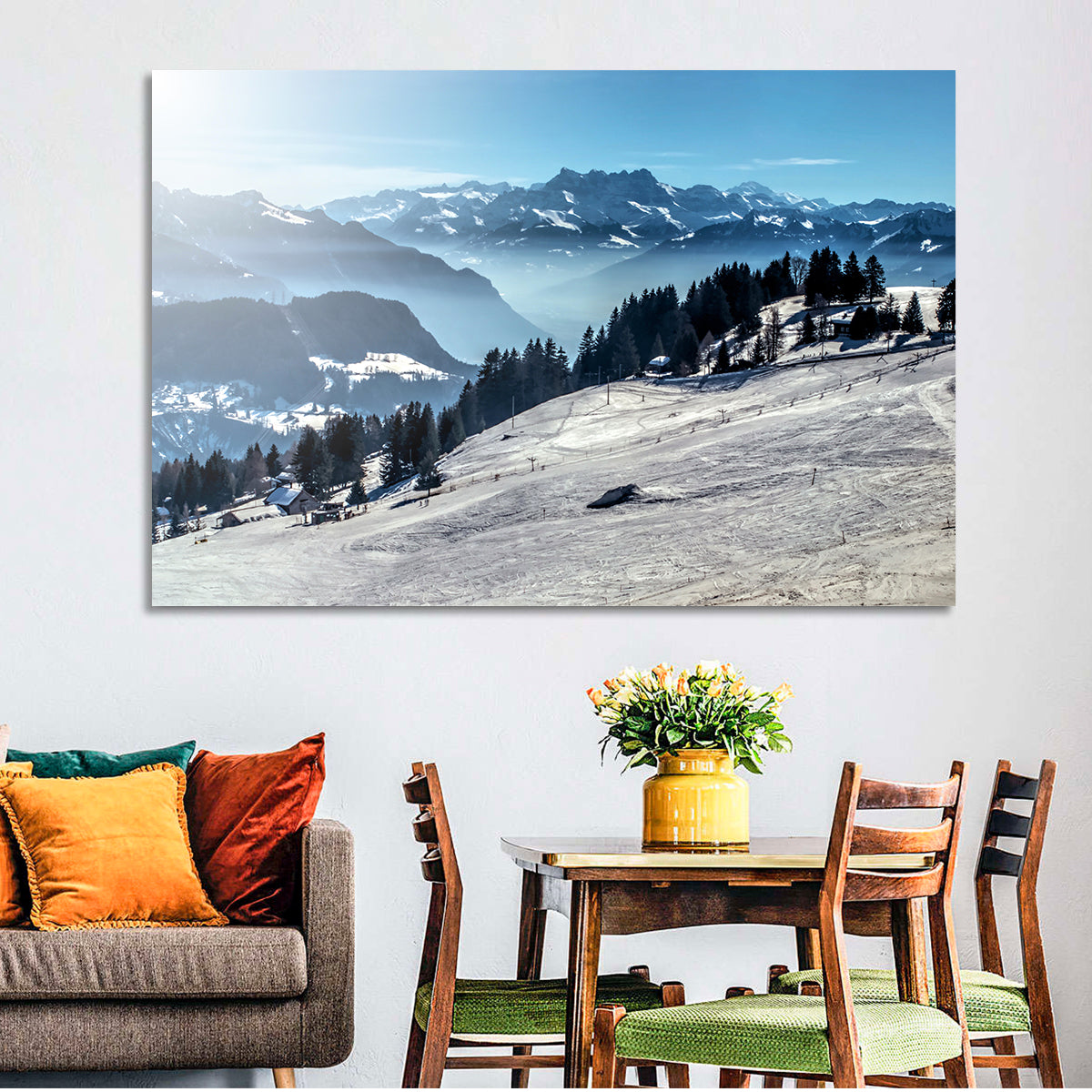 Sunlit Alpine Ski Slope Wall Art in a room, landscape