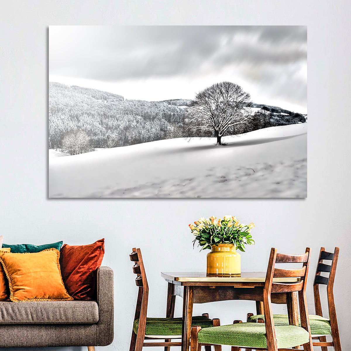 Solitary Snowy Tree Landscape Wall Art in a room, landscape