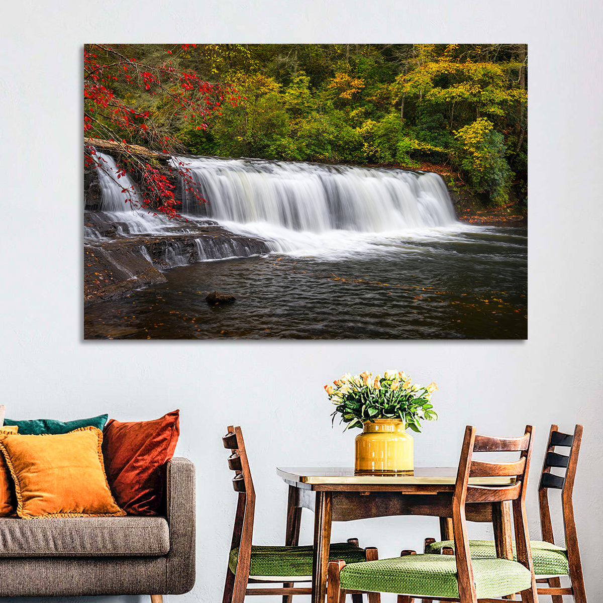 Blue Ridge Autumn Waterfall Wall Art in a room, landscape