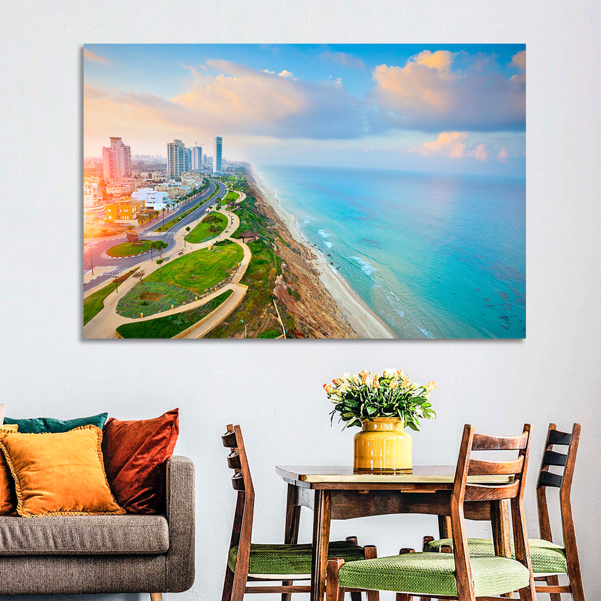 Netanya Coastline at Golden Hour Wall Art in a room, landscape