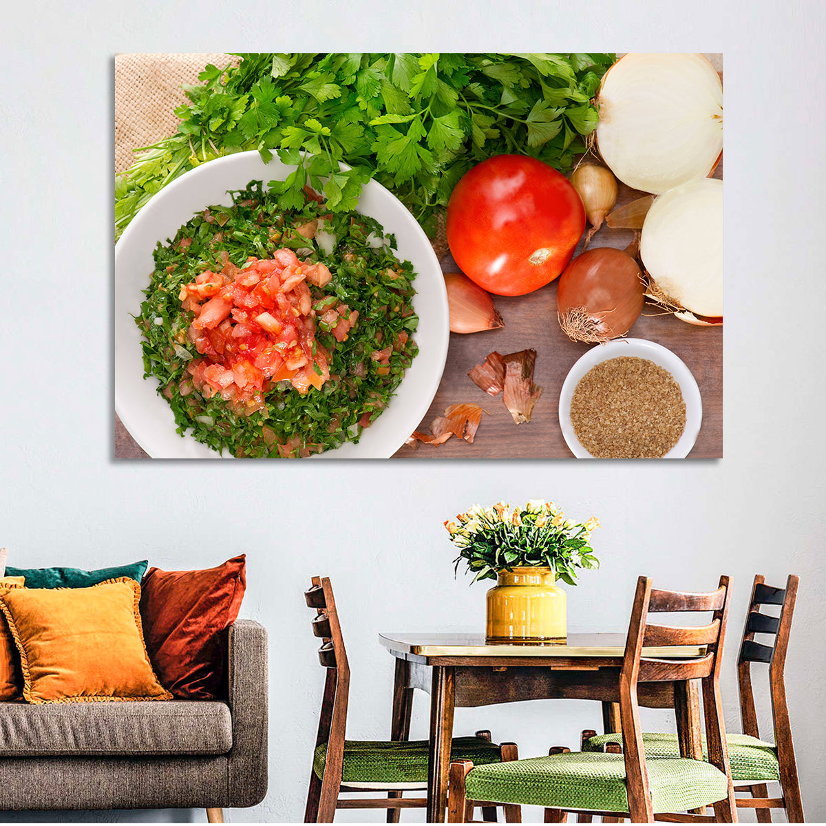 Top-down Tabbouleh Salad Wall Art in a room, landscape