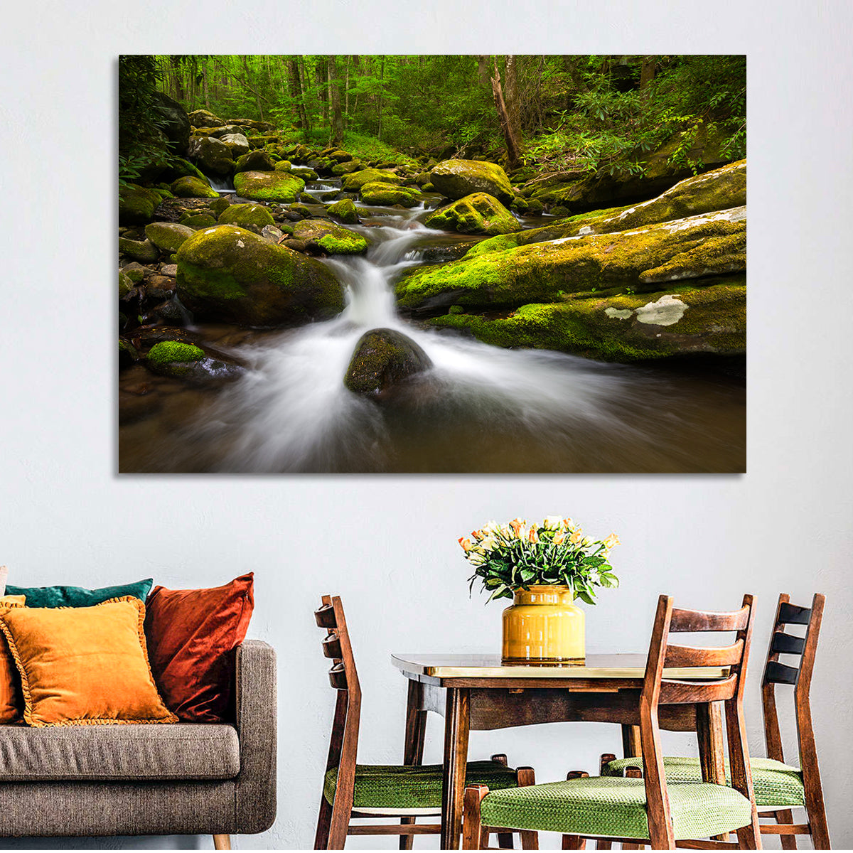 Mossy Forest Stream Wall Art in a room, landscape