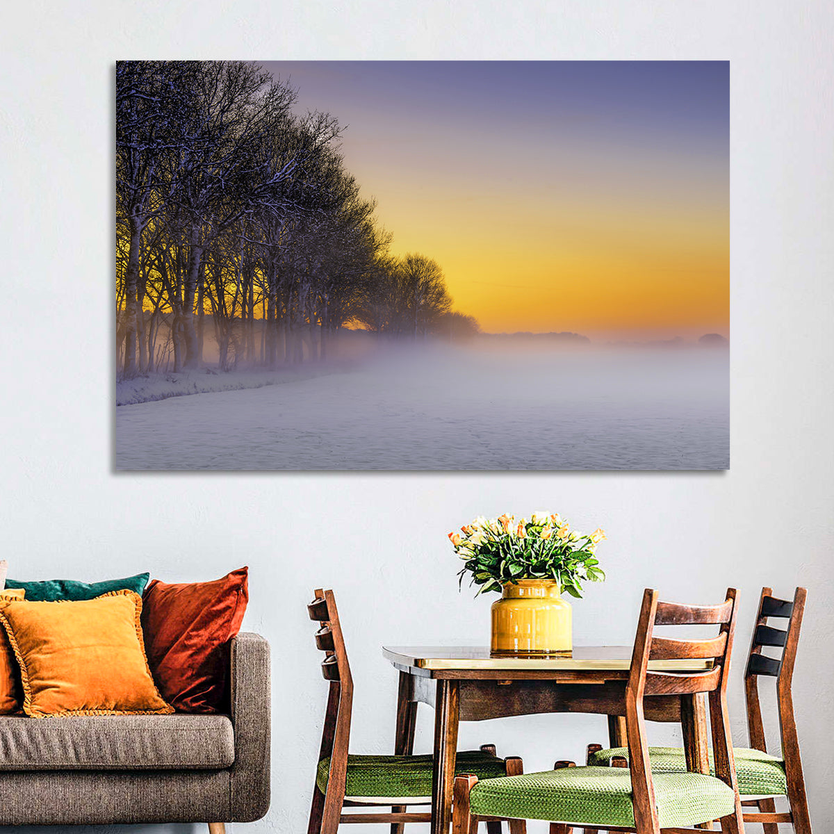 Winter Fog at Sunset Wall Art in a room, landscape