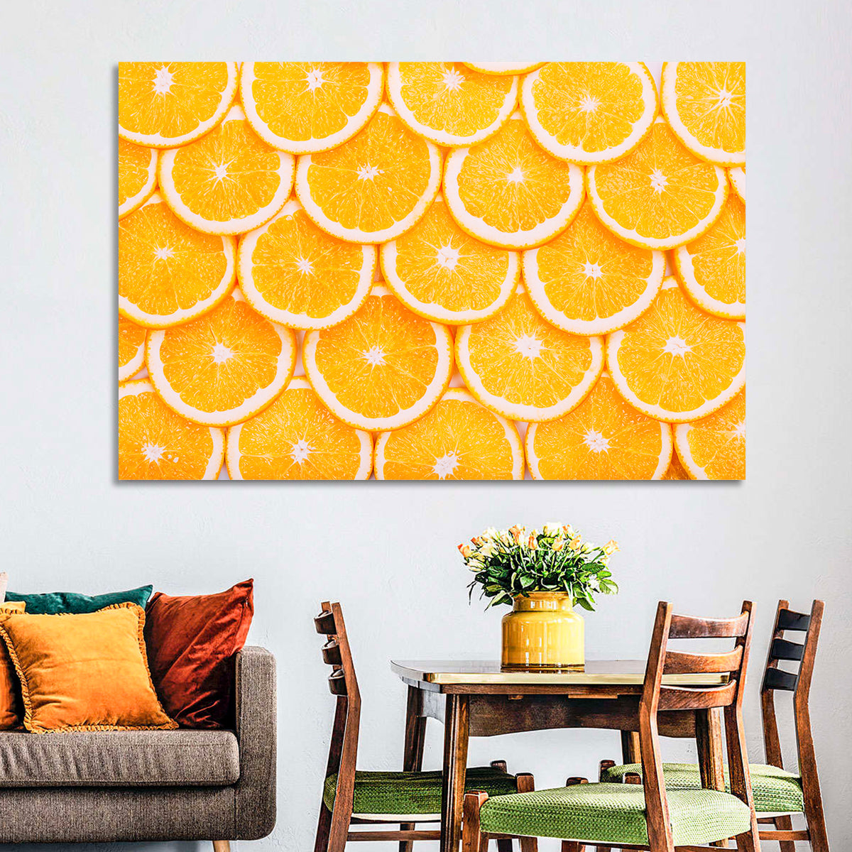 Orange Slice Grid Pattern Wall Art in a room, landscape