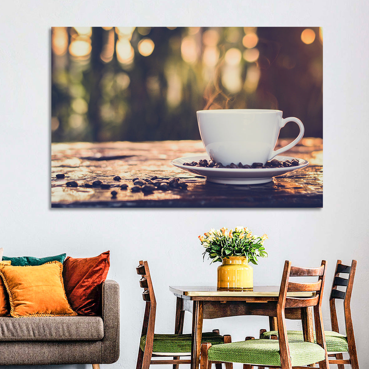 Steaming White Coffee Cup Wall Art in a room, landscape