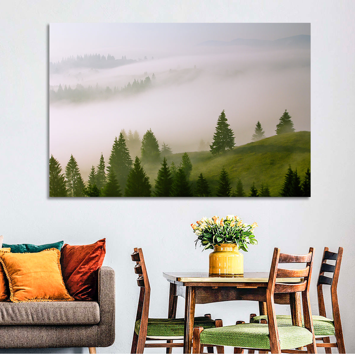 Summer Mist Over Green Hills Wall Art in a room, landscape