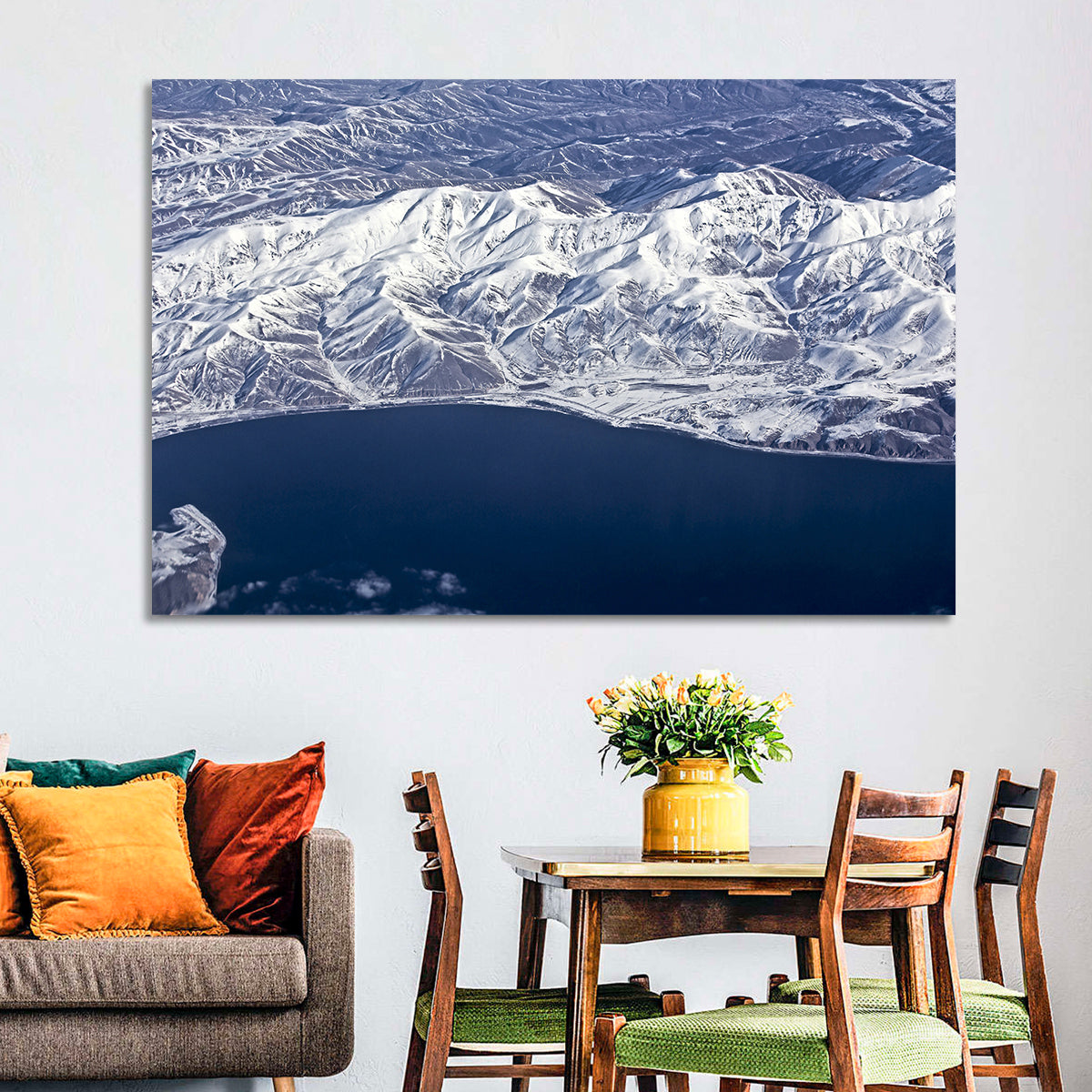 Lake Sevan Aerial Winter View Wall Art in a room, landscape