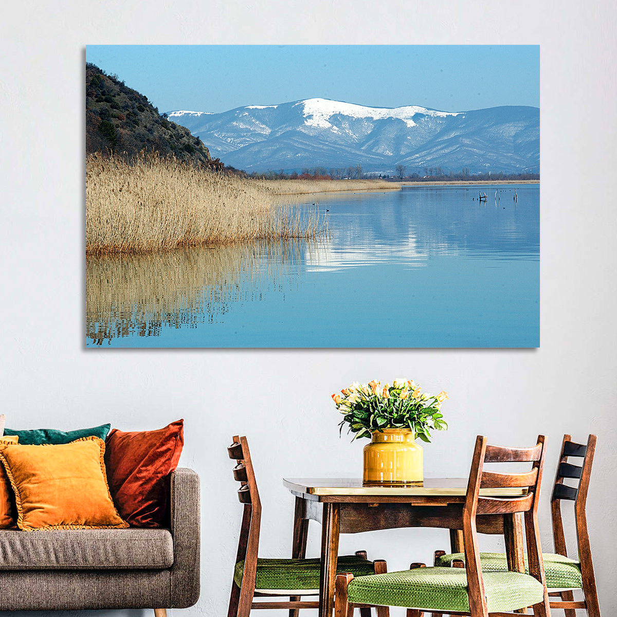 Prespa Lake Reflections Wall Art in a room, landscape