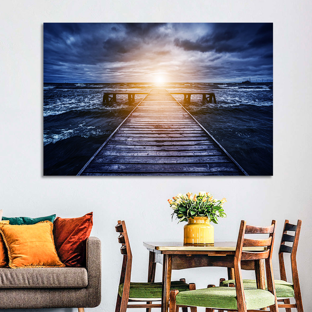 Sunlit Wooden Jetty at Dusk Wall Art in a room, landscape