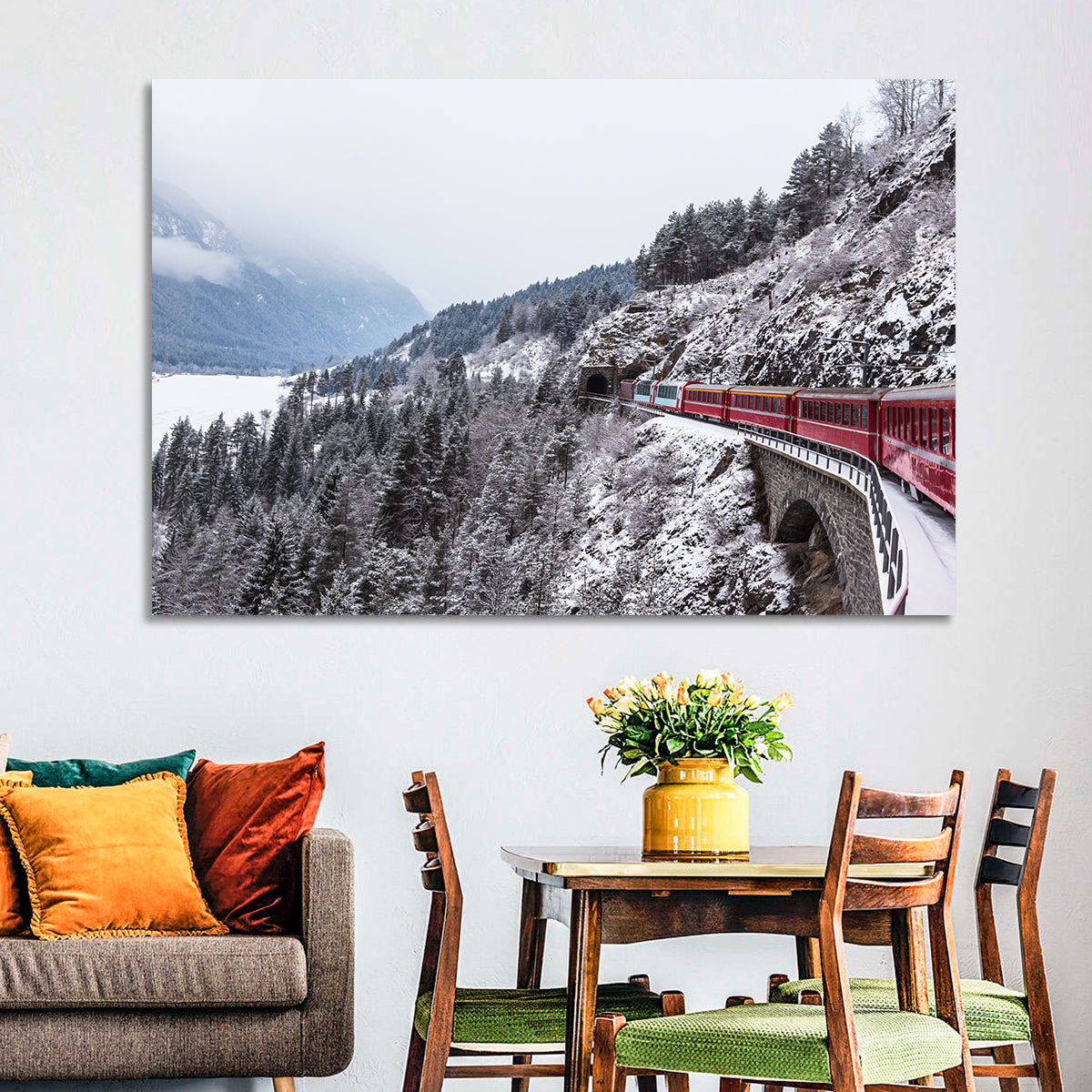 Red Train at Landwasser Viaduct Wall Art in a room, landscape