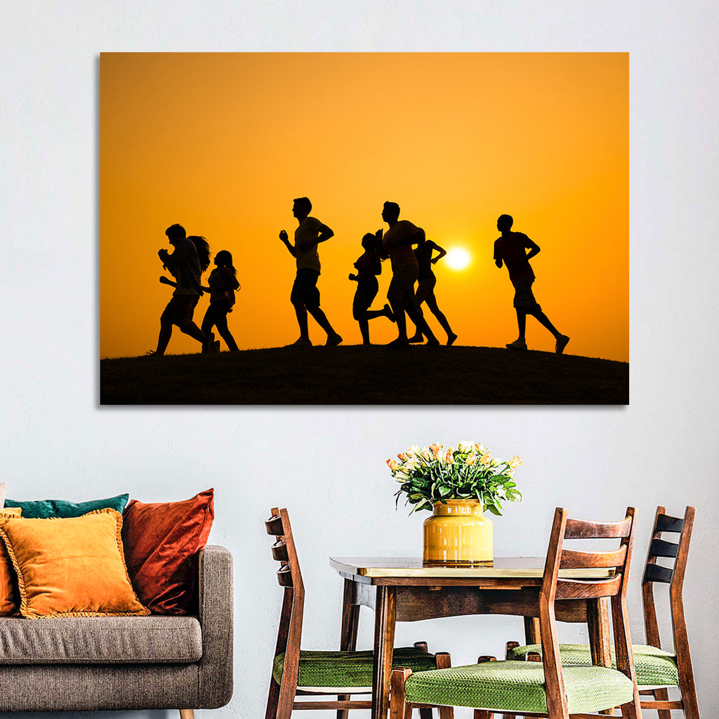 Six Runners Silhouette at Golden Sunset Wall Art