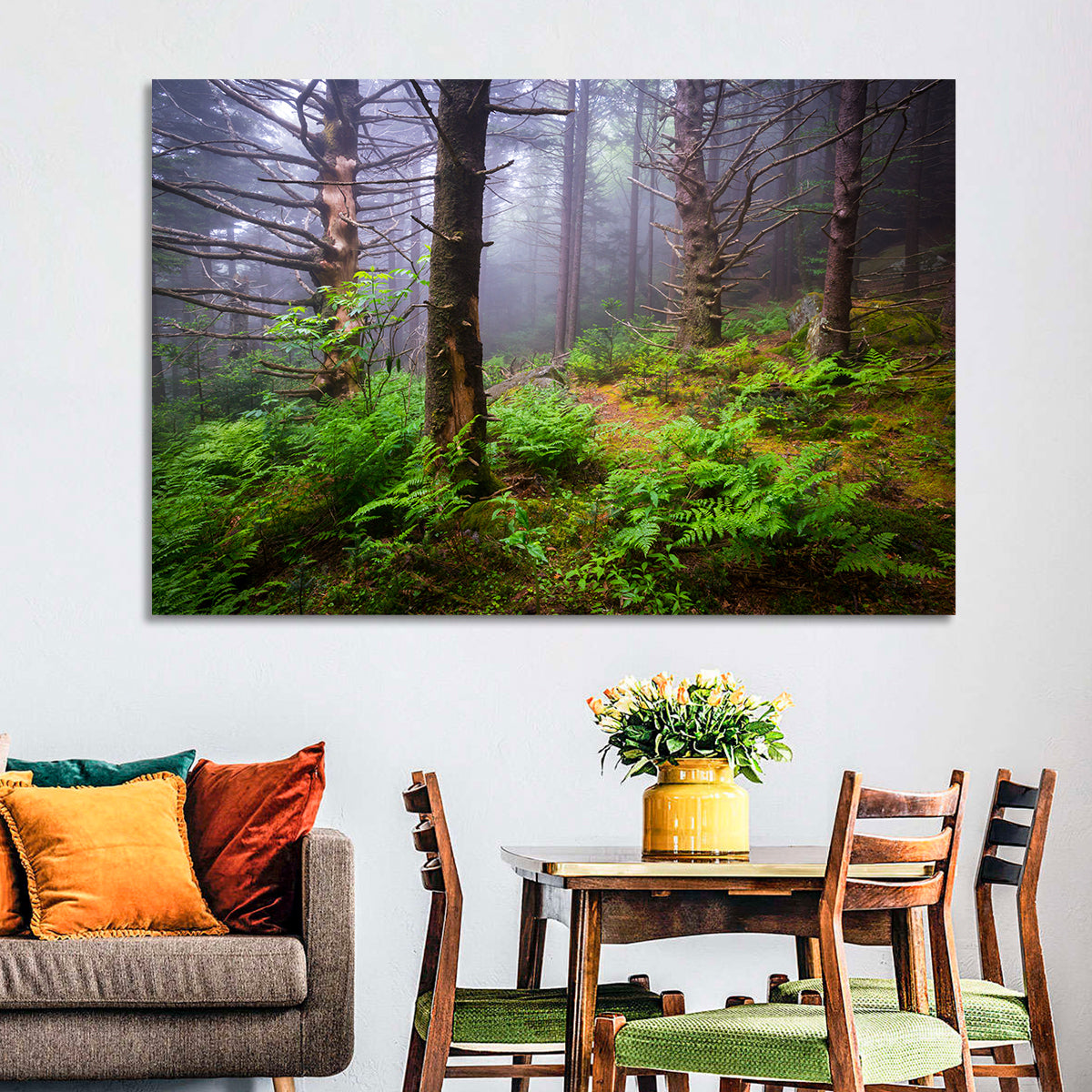 Misty Spruce-fir Trail Wall Art in a room, landscape