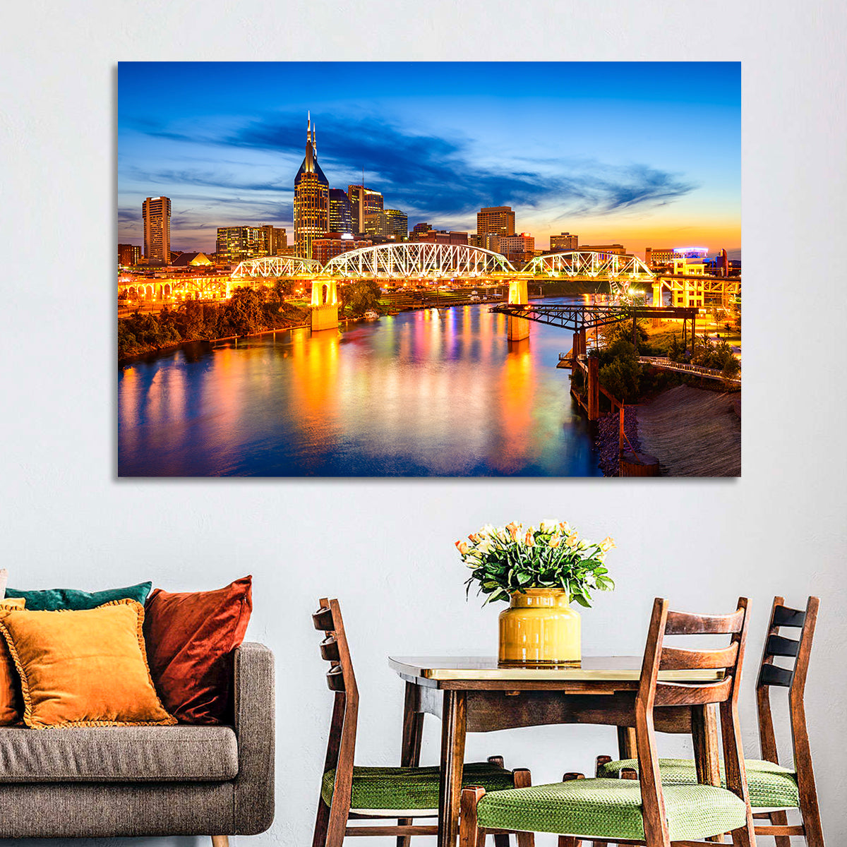Nashville Skyline at Twilight Bridge Reflections Wall Art in a room, landscape