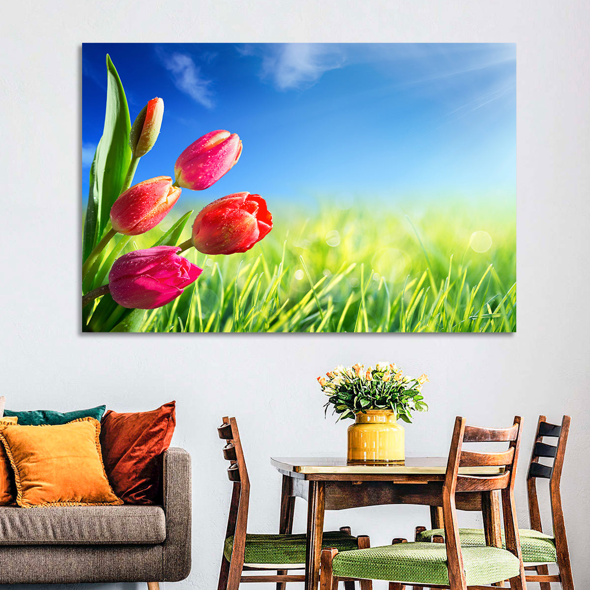 Dewy Red Tulips Under Blue Sky Wall Art in a room, landscape