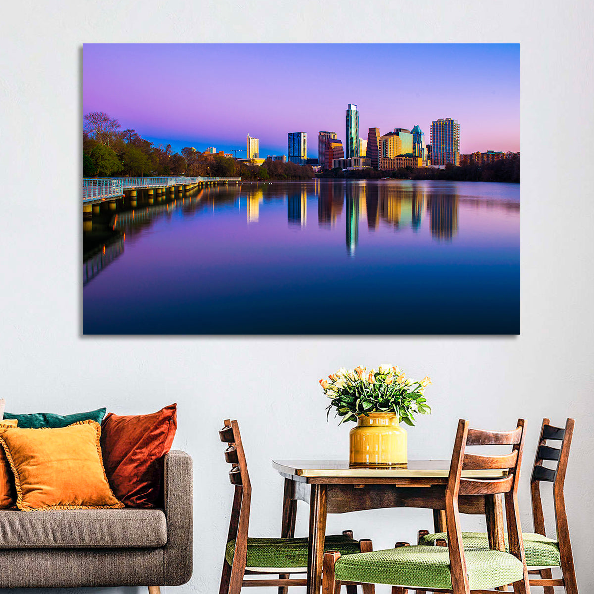 Austin Skyline Reflection at Twilight Wall Art in a room, landscape