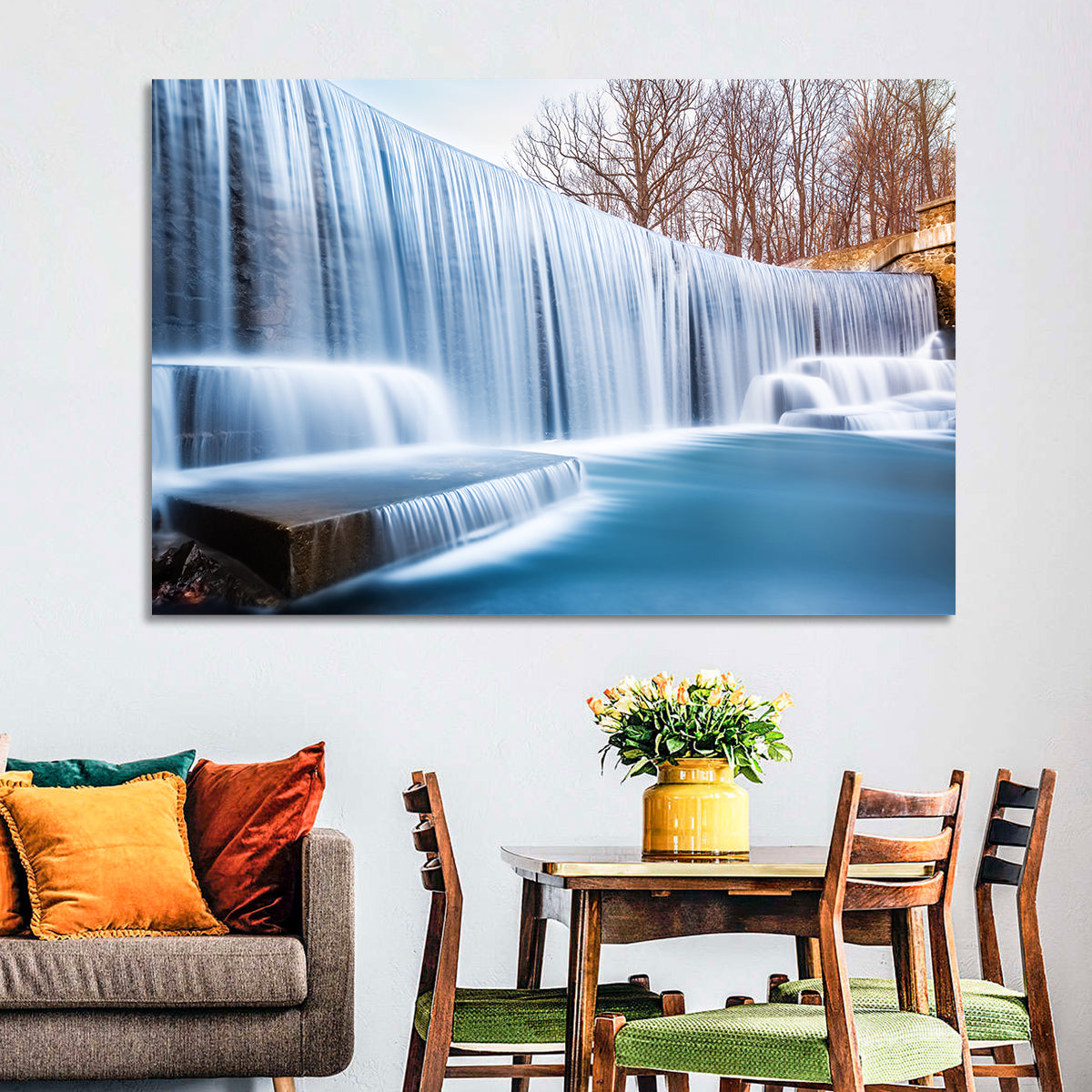 Seeley's Pond Winter Waterfall Wall Art in a room, landscape