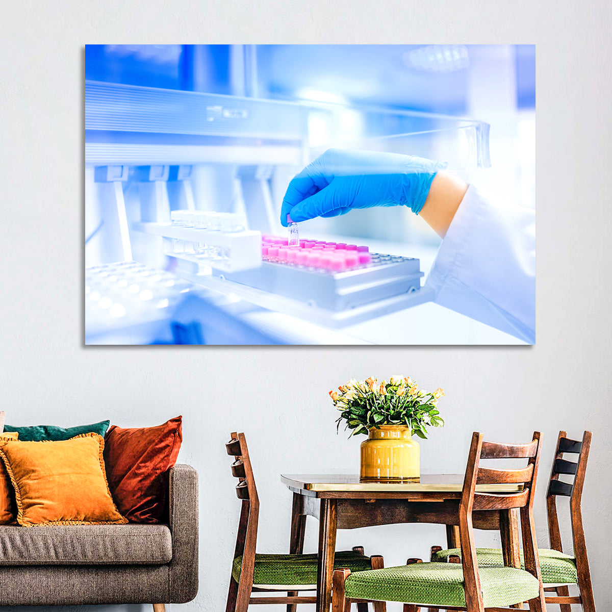 Gloved Hand with Vial and Pink-capped Tubes Wall Art in a room, landscape