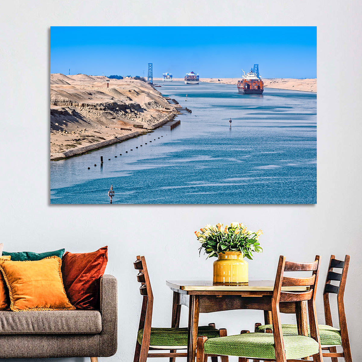 Suez Canal Container Ships Wall Art in a room, landscape