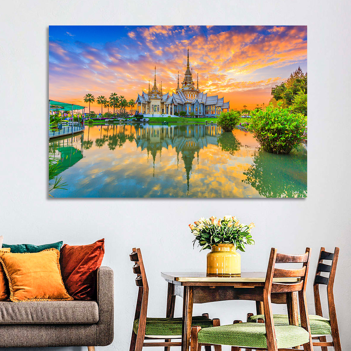 Wat Non Kum Sunset Reflection Wall Art in a room, landscape