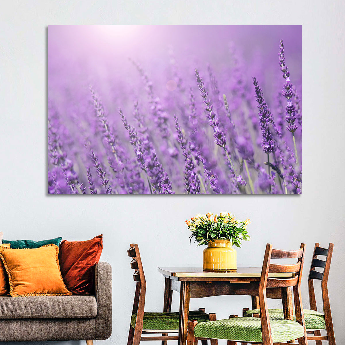 Sunlit Lavender Field Wall Art in a room, landscape