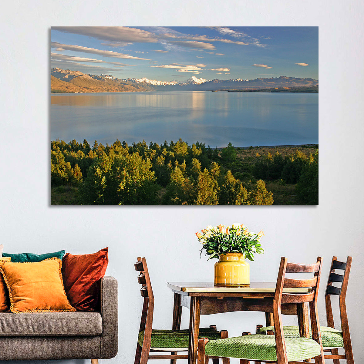 Lake Pukaki Reflections with Mount Cook Wall Art in a room, landscape