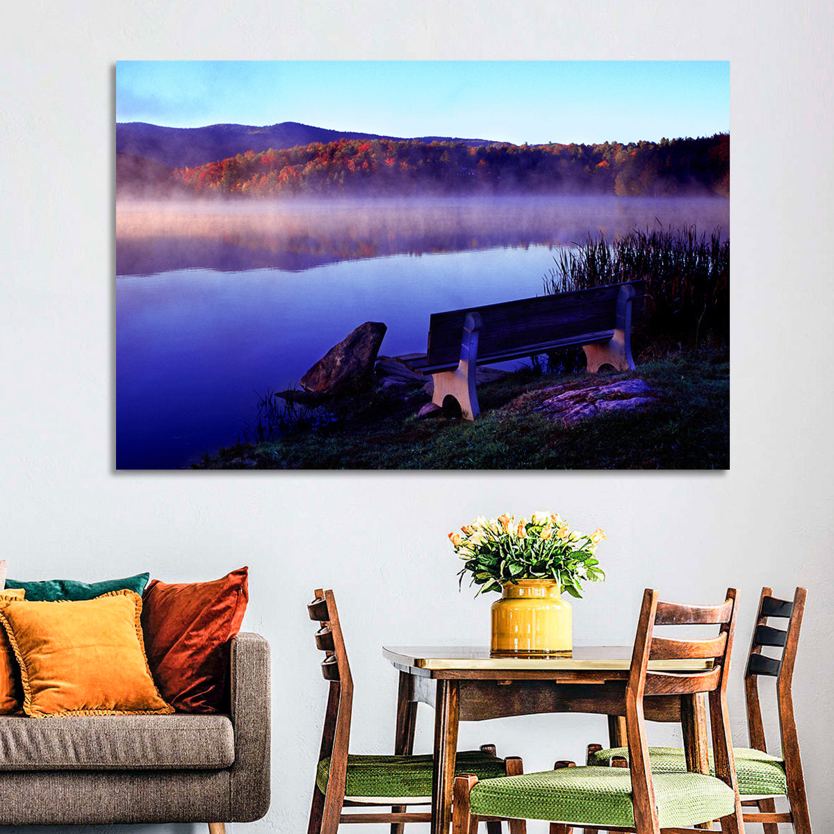 Bench at Misty Lake Sunrise Wall Art