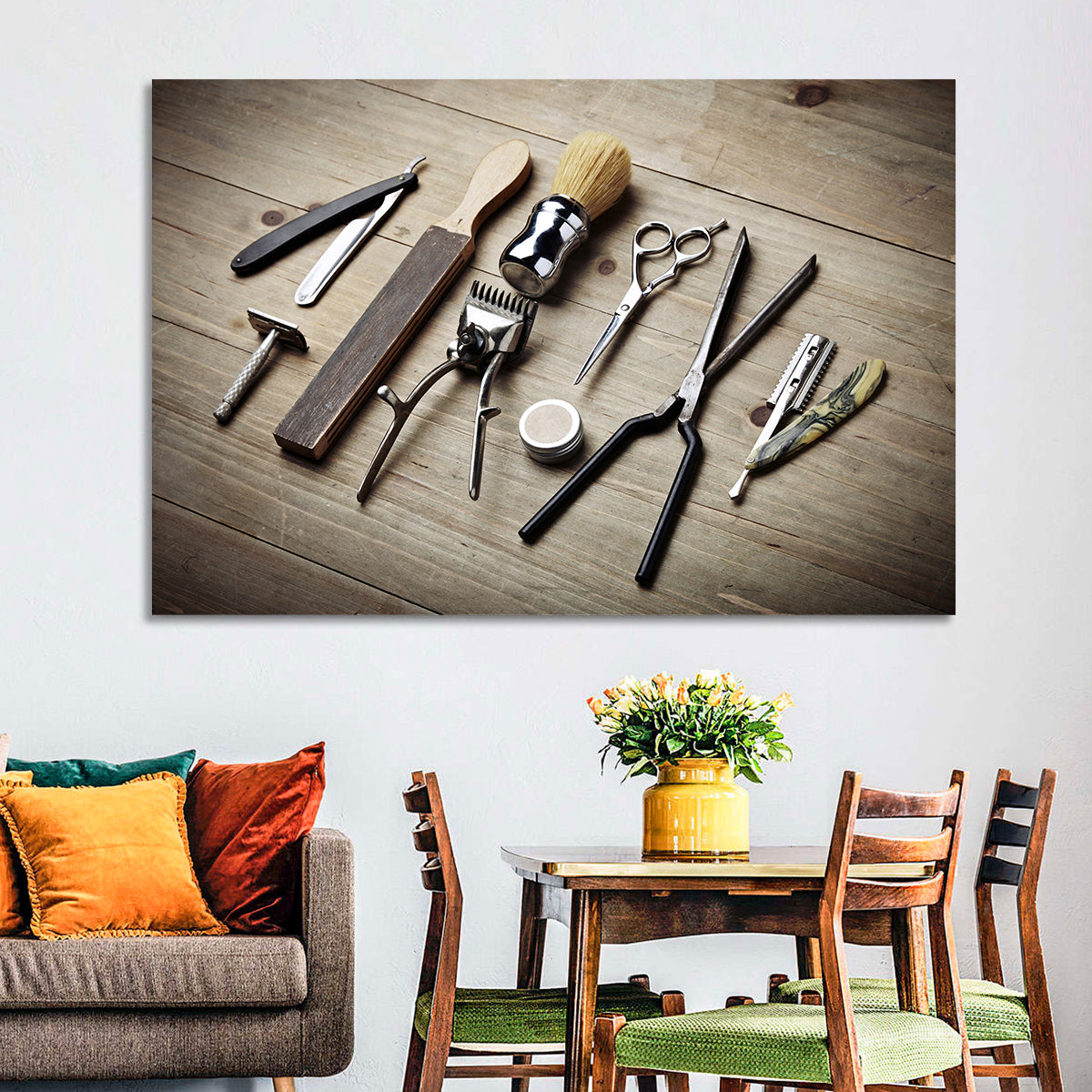 Vintage Barber Tools on Wooden Workbench Wall Art in a room, landscape