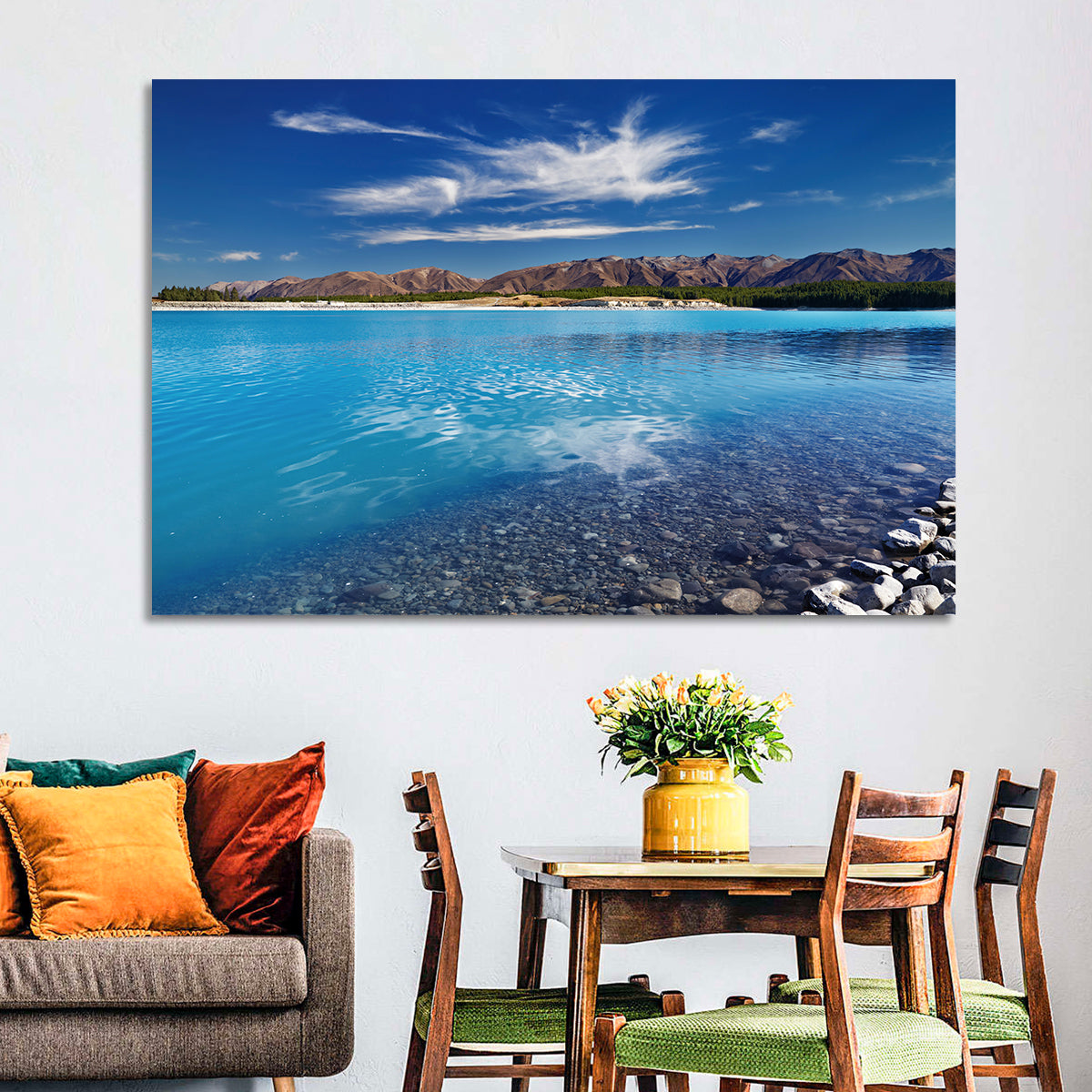 Lake Pukaki Pebble Shore Wall Art in a room, landscape