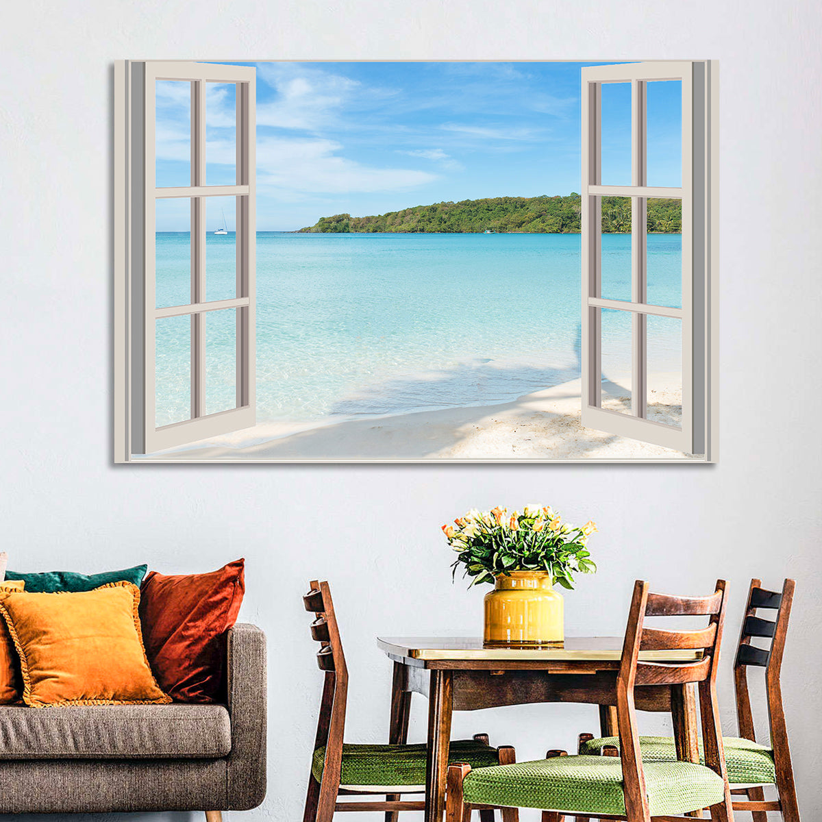 Turquoise Beach View Through Window Wall Art in a room, landscape