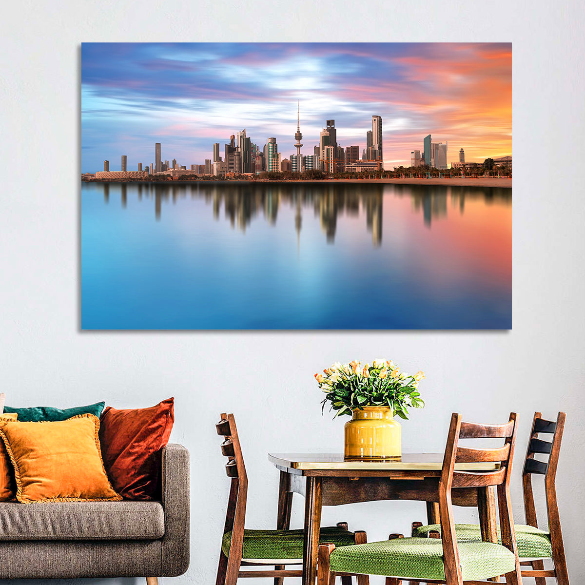 Kuwait City Skyline at Sunset Wall Art in a room, landscape