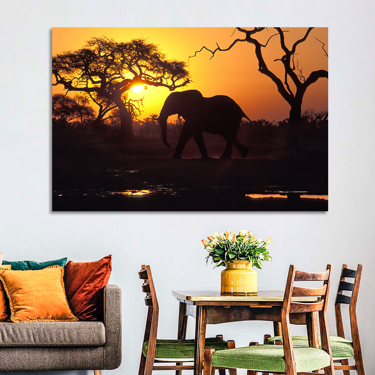 Elephant at Sunset Wall Art in a room, landscape