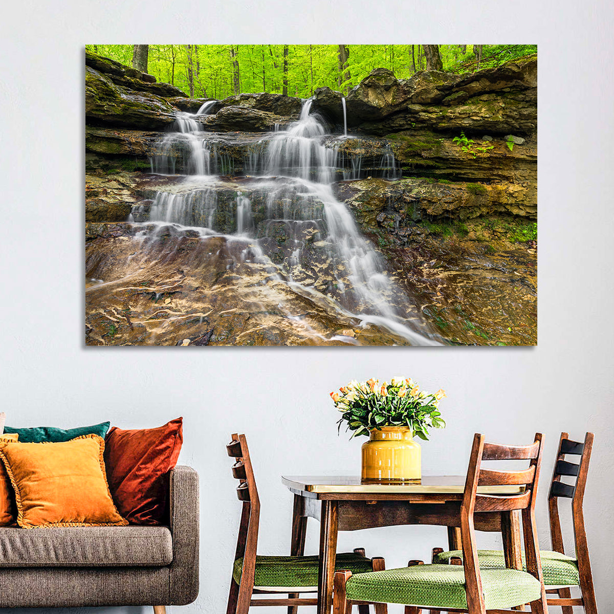 Mossy Ledge Waterfall Wall Art in a room, landscape