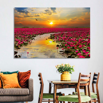 Golden Hour Lotus Field Wall Art