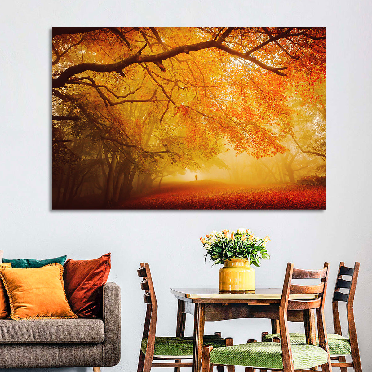 Autumn Forest Path with Lone Figure Wall Art in a room, landscape