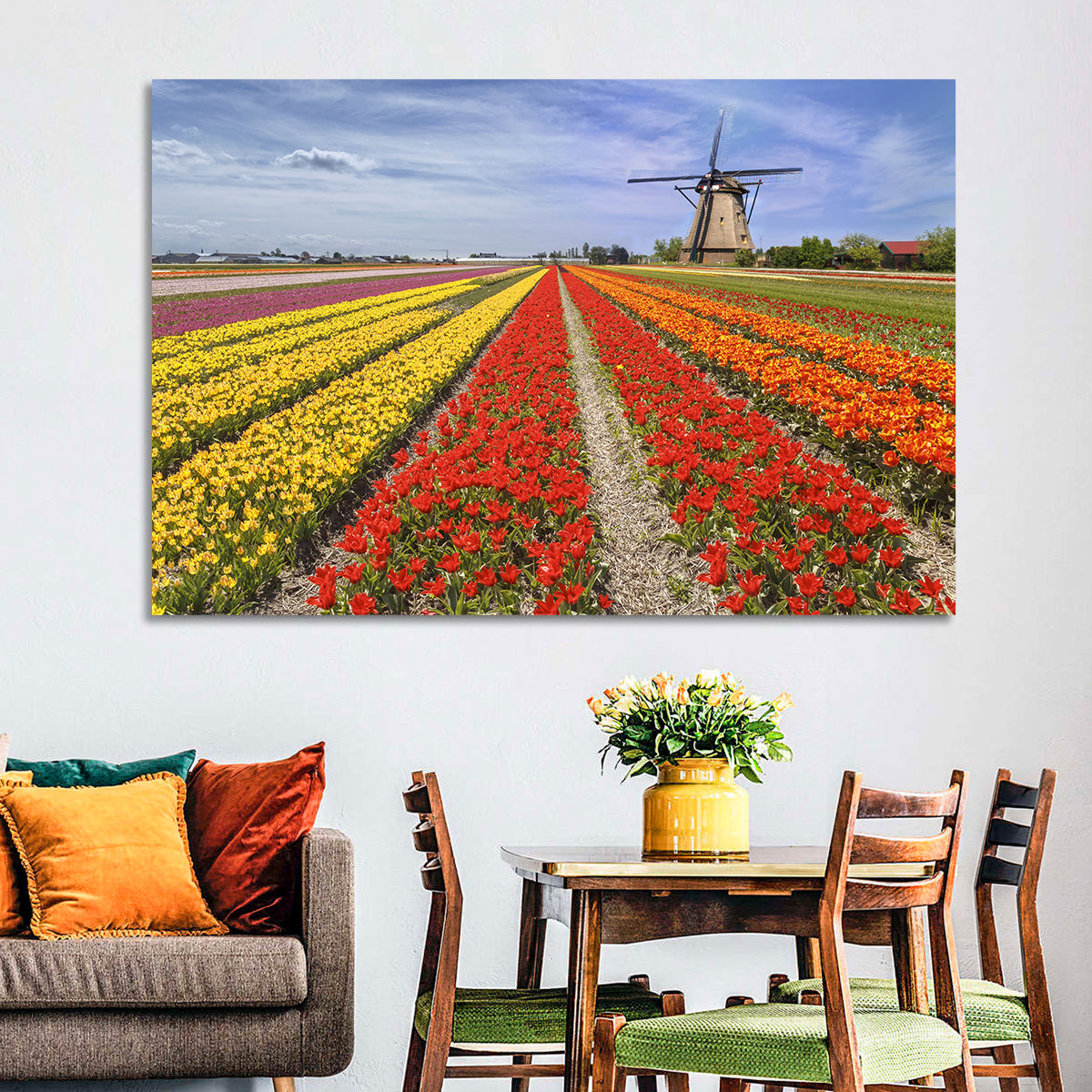 Spring Tulip Fields with Dutch Windmill Wall Art in a room, landscape