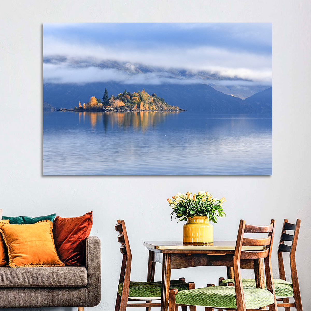 Misty Wanaka Island Reflection Wall Art in a room, landscape