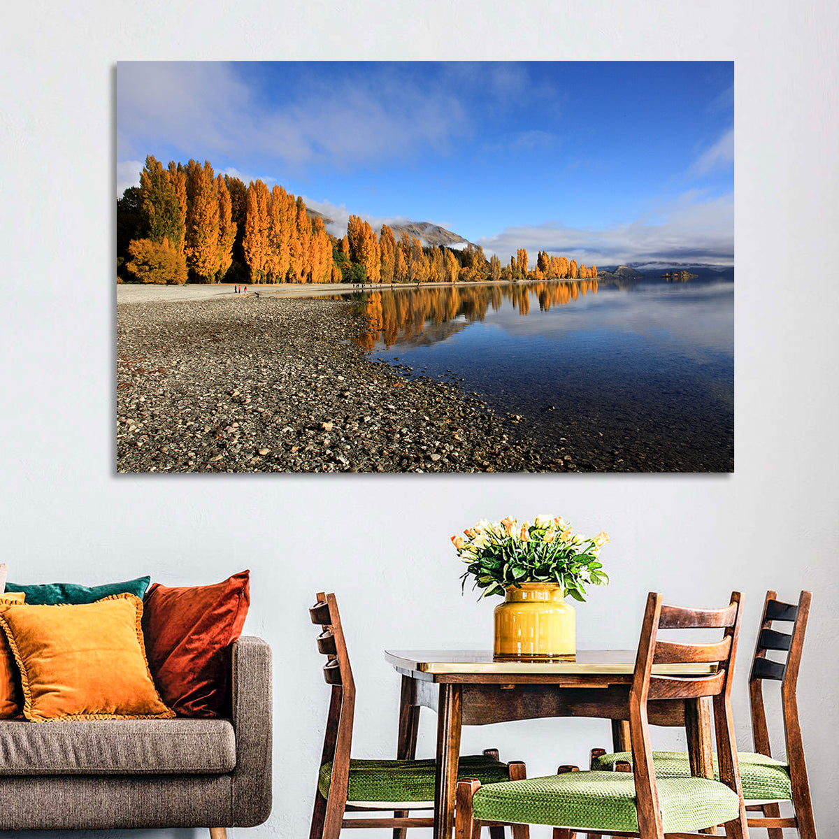 Lake Wanaka Golden Reflection Wall Art in a room, landscape