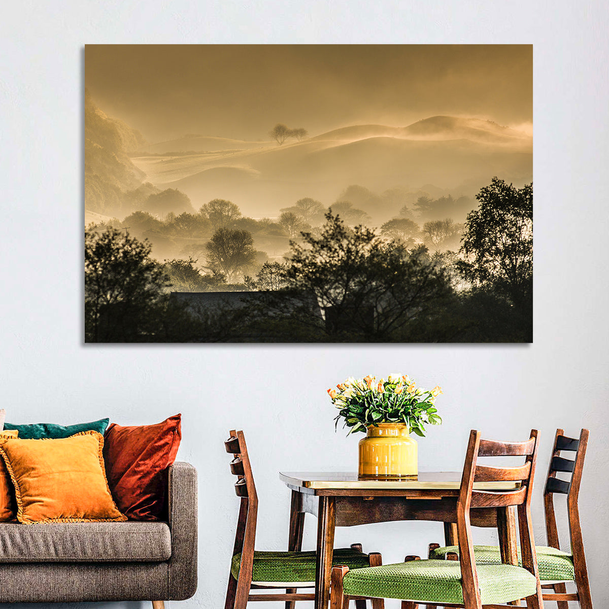 Bronze Morning Mist Over Hills Wall Art in a room, landscape