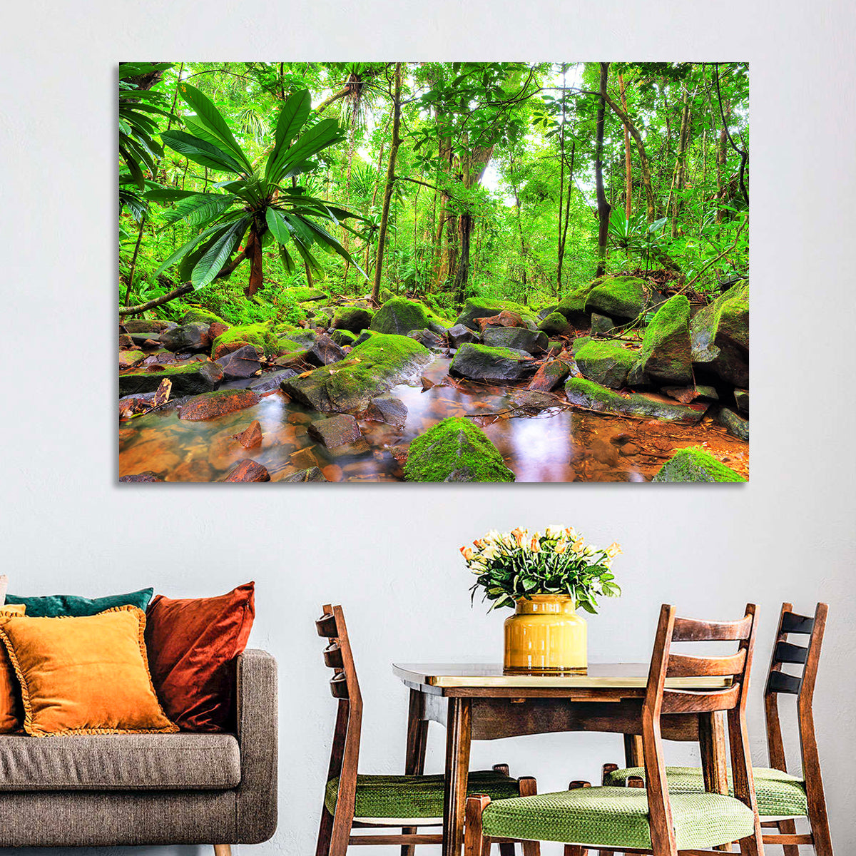 Mossy Rainforest Stream Wall Art in a room, landscape