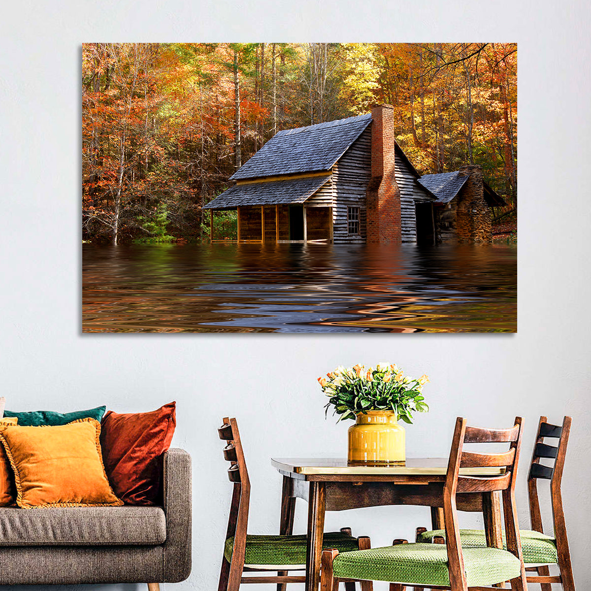 Autumn Flooded Log Cabin Wall Art