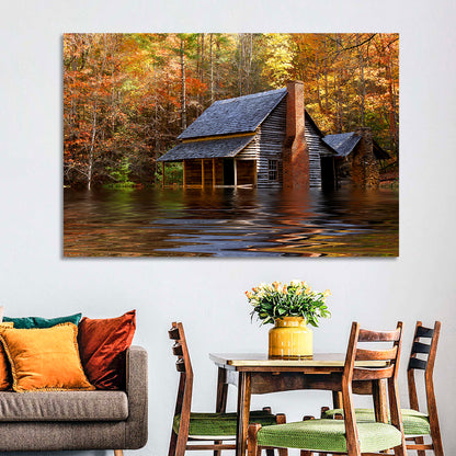 Autumn Flooded Log Cabin Wall Art
