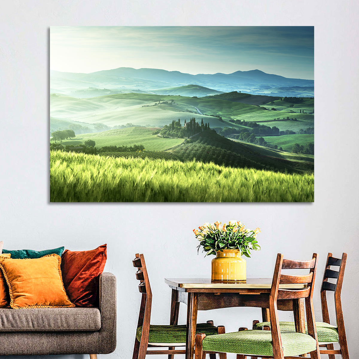 Misty Rolling Hills with Cypresses Wall Art in a room, landscape