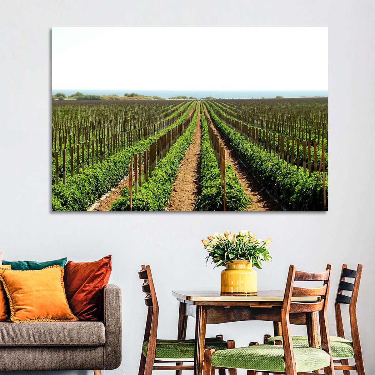 Tomato Fields Wall Art in a room, landscape