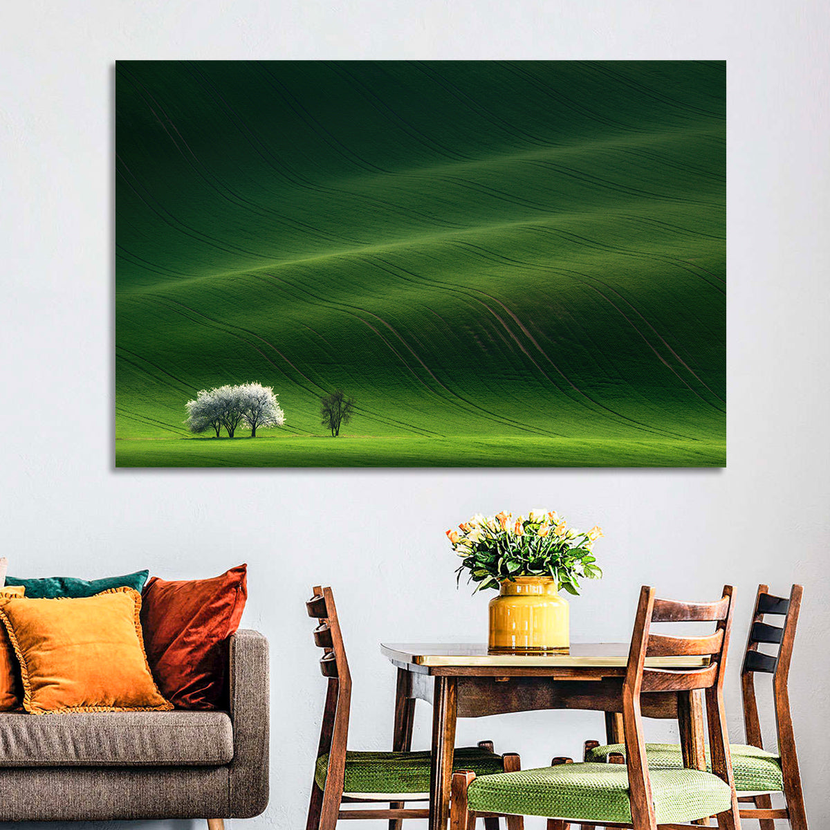 Emerald Hills with Blossoming Tree Wall Art in a room, landscape