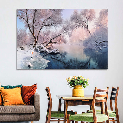 Snowy Lake Morning Mist Wall Art