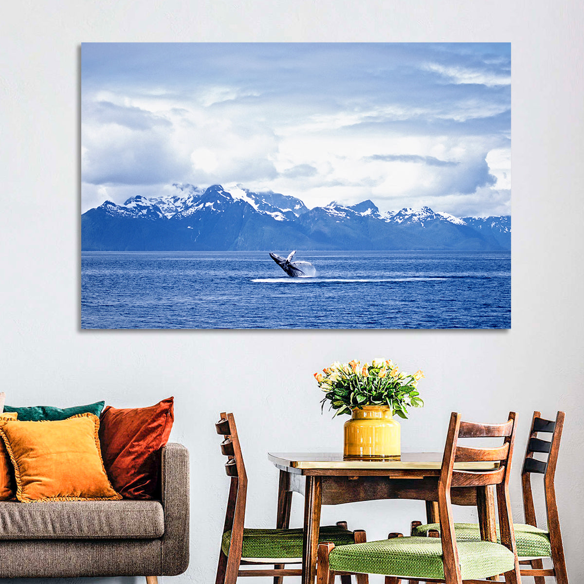 Humpback Whale with Snow Capped Mountains Wall Art in a room, landscape