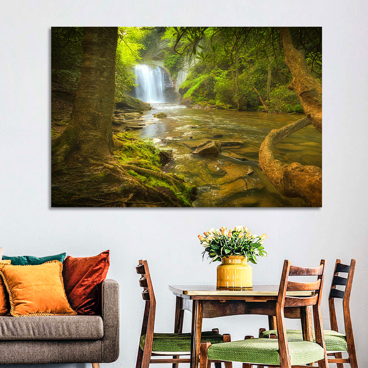 Deep Forest Waterfall Wall Art in a room, landscape