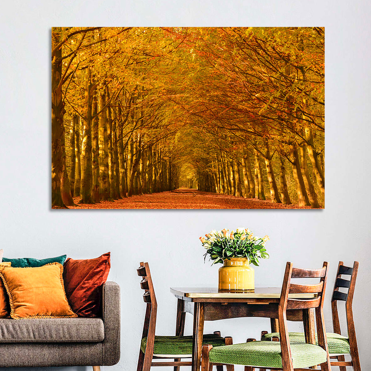 Golden Beech Tree Tunnel in Autumn Wall Art in a room, landscape