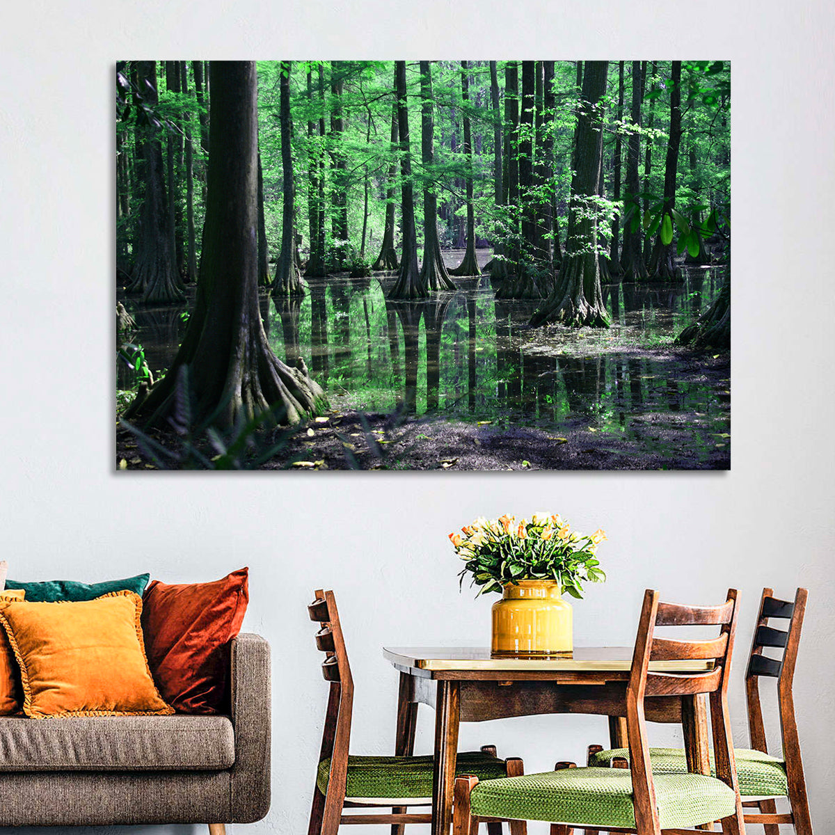 Congaree Swamp Reflection Wall Art in a room, landscape